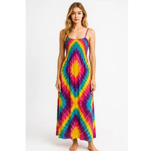 Boho Tie Dye Maxi Dress Spaghetti Strap Handmade Indonesia One Size Rainbow - Picture 1 of 5