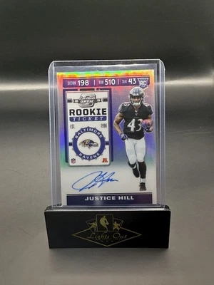 2019-20 Contenders Optic Justice Hill #125 Silver Rookie Ticket Auto Ravens RC - Image 1 of 2