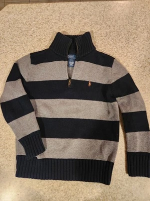Suéter Ralph Lauren para niños, 100 % algodón, rayas de rugby azul marino/gris, talla 8, PERFECTO Foto 1 de 4