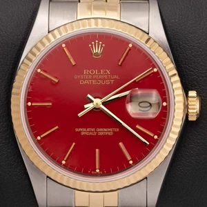 Rolex Datejust 16233 Fluted Bezel Watch Two-Tone Jubilee 36mm Index Red Dial - Picture 1 of 9