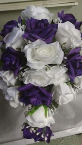 GROSSER HOCHZEITSSTRAUSS WEISS & REGENCY LILA ODER JEDE FARBE MIT OFFENEN ROSEN   - Bild 1 von 2