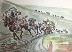 Attelages montant la côte — aquarelle au dos d'un faire-part — Bazin, Mouillot. - Bild 1 von 3
