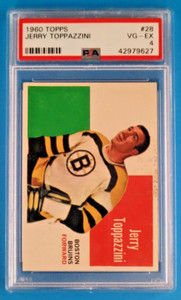 1960-61 TOPPS VINTAGE HOCKEY # 28 JERRY TOPPAZZINI BOSTON BRUINS PSA 4 VG- EX