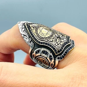 Seal of Solomon Archer Thumb Ring, Open Back Archery Zihgir Ring, Sterling Ring - Picture 1 of 9