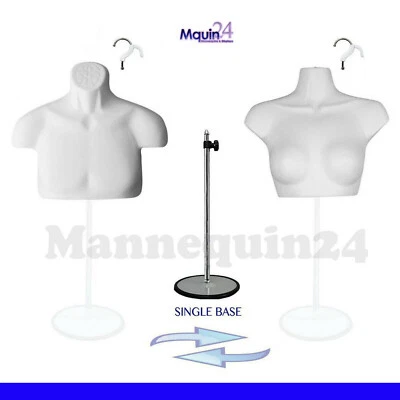 2 FREE-STANDING MANNEQUIN MALE & FEMALE TORSOS SET + 2 REMOVAL HANGERS + 1 STAND - Image 1 of 4