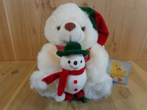 Christmas Bear With Snowman 11" Plush Teddy Bear White Red Green SKM Vintage - Picture 1 of 10
