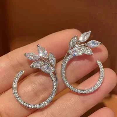 3.00Ctw Marquise Cut Moissanite Women's Leaf Stud Earrings 14K White Gold Plated - Image 1 of 4