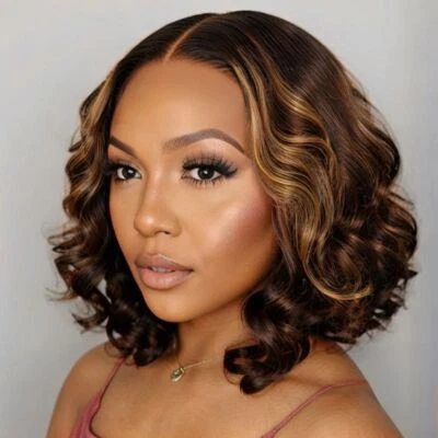 Short 13x4 Lace Front 100% Human Hair Wig Curly Wave Brown Blonde Glueless Wig - Image 1 of 4