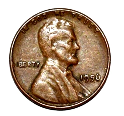 Lincoln Wheat Penny 1956 error cabeza herida, lanza labial, frente, L, error BI Foto 1 de 4