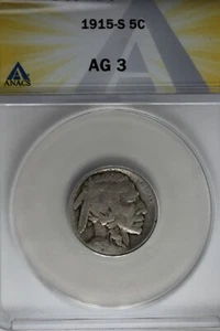 1915-S .05 ANACS AG 3 Buffalo Nickel, Indian Nickel, 5 Cent Piece - Picture 1 of 2