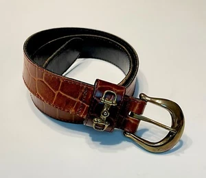 Joan & David Brown Calfskin Croc Embossed Leather Brass Buckle Belt Size S 27-33 - Picture 1 of 18