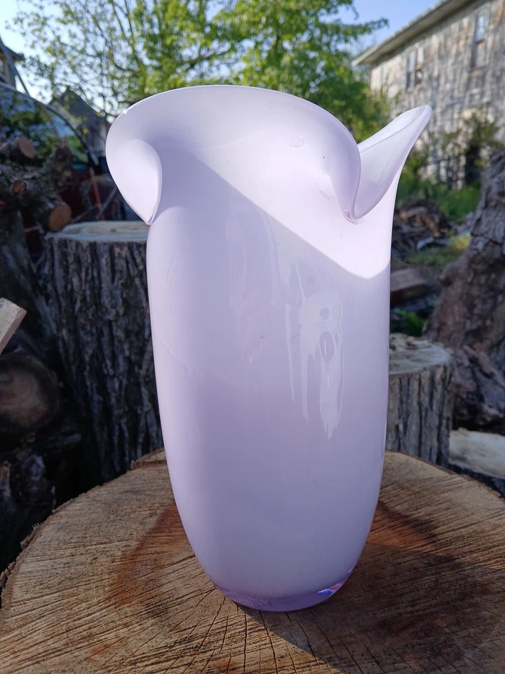 Lavender White Handkerchief Crimped Rim Hand Blown Art Glass Vase 9.25" - Image 1 of 4