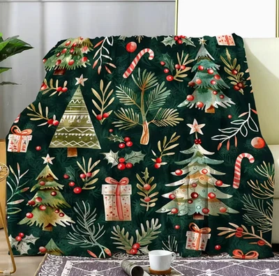 Винтажное уютное мягкое фланелевое одеяло с принтом рождественская звезда, елка и конфеты - Изображение 1 из 4