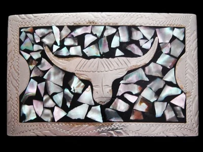 JL21108 VINTAGE 1970s ABALONE INLAY ***LONGHORN HEAD*** NICKEL SILVER BUCKLE - Image 1 of 2