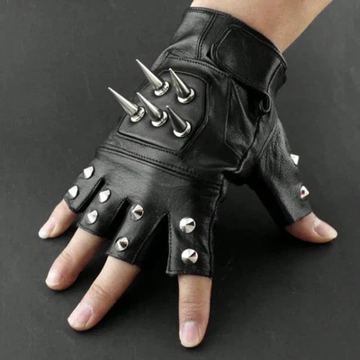 Mens Leather Spike Stud Punk Rocker Gloves Motorcycle Driving Fingerless Gloves - Image 1 of 4