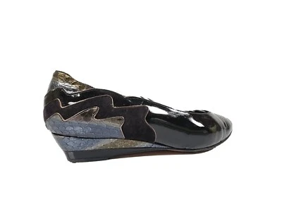 Vtg 80s Bally Wedges Black Patent Shiny Leather Geometric Pointed Low Heels 8 - Image 1 of 4