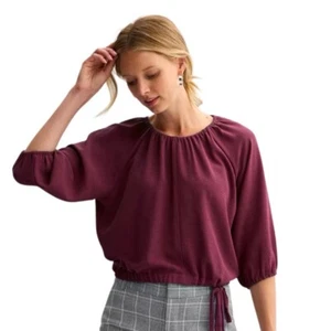 NWT Nine West Womens XXL Maroon Shirt Cinched Waist Tie 3/4 Balloon Sleeve New - Picture 1 of 17
