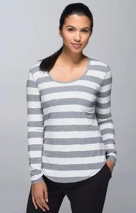 Women's Lululemon Yogini 5 year Long Sleeve Gray & White Striped T-Shirt Top L - Picture 1 of 16