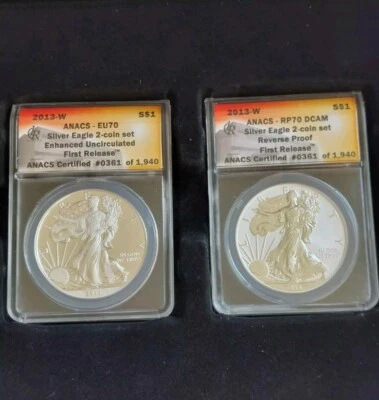 2013-W 2 Coin American Silver Eagle Set ANACS Enhanced+Reverse Proof 1st Release - Image 1 of 4