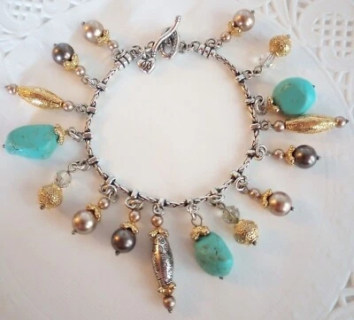 Brighton Signed Faux Turquoise & Pearl Dangle Charm Chain Bracelet Persianna  - Image 1 of 4