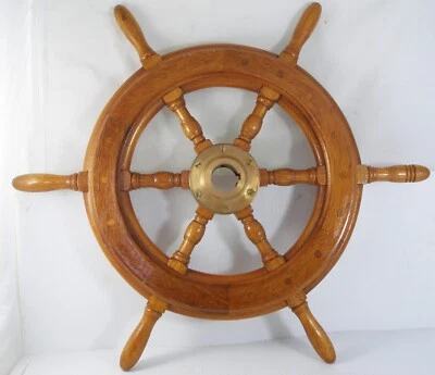 New 24"Teak  Ship wheel,  Was a displey wheel at a Marina.  Nautical gift. - Image 1 of 4
