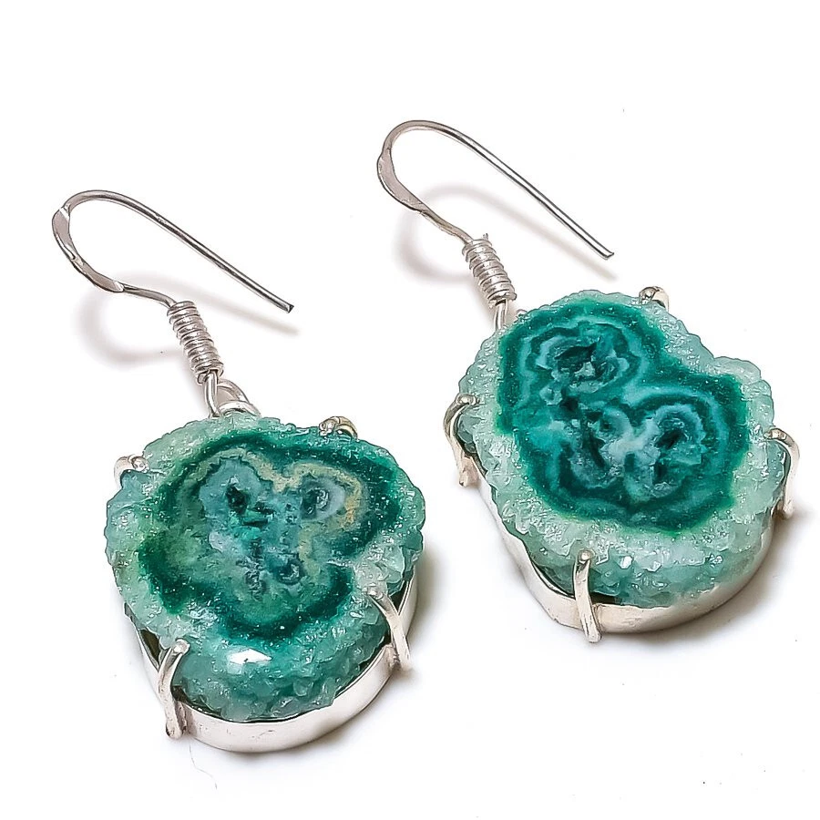 Green Solar Quartz Druzy Gemstone Silver Plated Dangle Earrings Jewelry 2" - Image 1 of 1