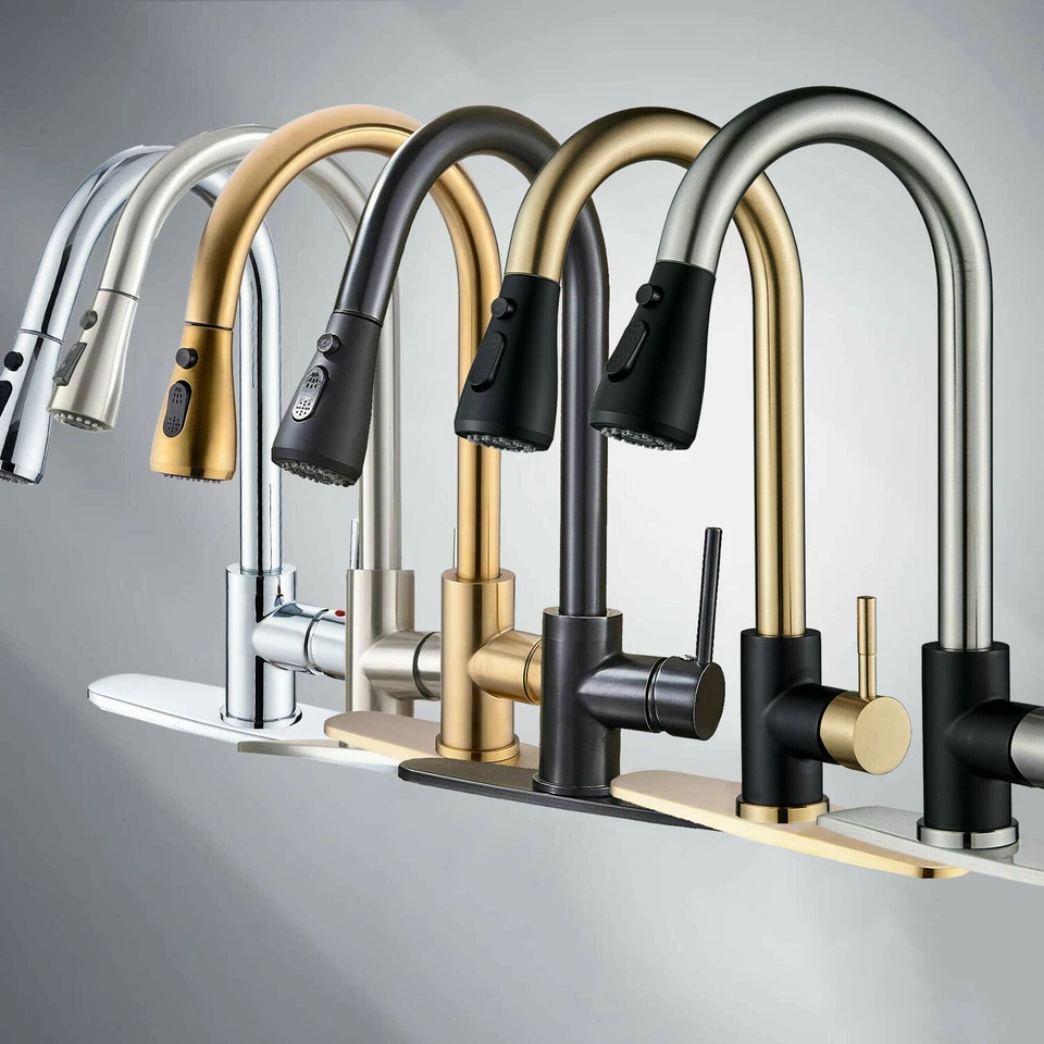 WEWE Kitchen Sink Faucet Pull Down Single Handle Swivel Sprayer Mixer Tap W/Plate