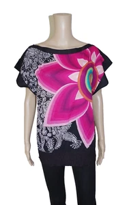 €59 DESIGUAL sz S WOMENS BLOUSE TOP T-SHIRT TUNIC SHORT SLEEVE SUMMER BLACK NEW - Picture 1 of 5