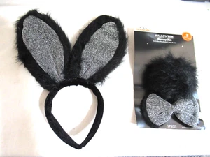 Kit de conejito de Halloween negro y plateado diadema brillante orejas, pajarita cola de algodón - Imagen 1 de 3