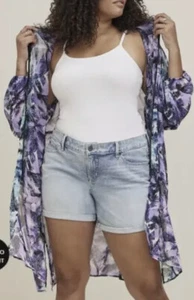 NEW Torrid 6 6X Purple Tropical Palm Trees Chiffon Hooded Anorak Kimono Sz 30 - Picture 1 of 13