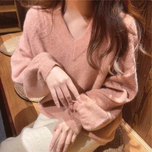 Pink V-neck Sweaters Women's Autumn New Loose Long Sleeved Pullover Sweater Tops - Picture 1 of 21