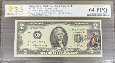1976 $2 Two Dollar Bill - Stamped First Day Issue 4/13/1976 PCGS 64 PPQ FDOI V2 - Image 1 of 2