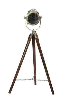Nautical Floor Spot Light Wooden Tripod Stand Antique Brass Lamp Searchlight hom - Image 1 of 4