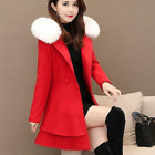 Women Faux Fur Collar Hooded Wool Blend Jacket Coat Slim Fit Sweet Warm Outwear