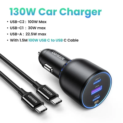 Cargador de Coche UGREEN 130W USB C Para Portátiles Xiaomi iPhone 17 Samsung Galaxy S25 Ta Foto 1 de 4
