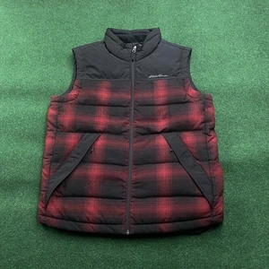 Vintage Eddie Bauer Vest Mens M Black Red Plaid Puffer Goose Down Full Zip Coat - Picture 1 of 8