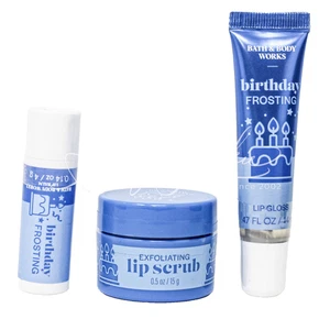 Bath & Body Happy Birthday Frosting Lippenbalsam Lipgloss Peeling Peeling 3 Stück Neu - Bild 1 von 1