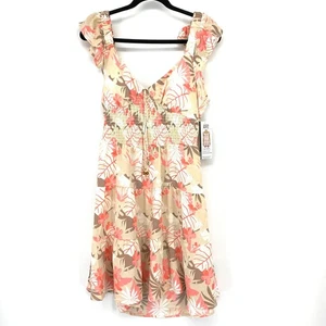 Madden NYC Minikleid mit gesmokter Taille zum Binden Damen Gr. Large beige geblümt NEU - Bild 1 von 8