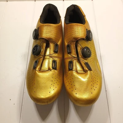 Speed Gold Cycling Shoes Men’s US 9.5 Road Bike 3-Bolt Cleats Boa Dials Scuffed - Image 1 of 4