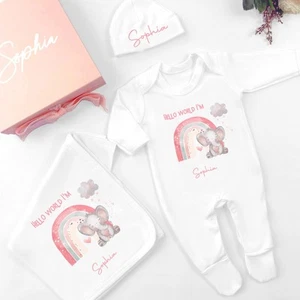 Juego de regalo personalizado Hello World rosa elefante cesta ropa - Imagen 1 de 2