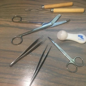 Rolyan Scar Massage Tool, Button Hooks, Scissors And Tweezers Lot - Picture 1 of 4
