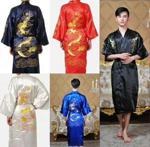 Mens Womens Retro Chinese Silk Satin Kimono Robe Gown Bathrobe Dragon Gown Dress - Picture 1 of 8