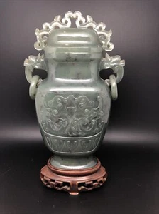 Antique Chinese Spinach Jade Vase 6”Qing Dynasty  W/ Wood Stand和田碧玉 - Picture 1 of 5
