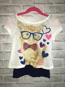 NWT JUSTICE GIRLS T OVER TANK TOP 6 CAT WITH GLASSES SPARKLY HEARTS BOW TIE TEE - Picture 1 of 2