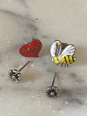 Lote de aretes de plata 925 corazón de abeja San Valentín tono plata flor Foto 1 de 4