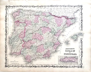 1862 ORIGINAL MAP SPAIN PORTUGAL GIBRALTAR VINTAGE ANTIQUE JOHNSON HAND COLORED - Picture 1 of 10