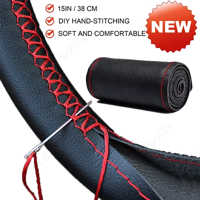 Cubierta de volante de coche de 15" (38 cm) de cuero genuino apta para Toyota nueva hágalo usted mismo negra roja Foto 1 de 4