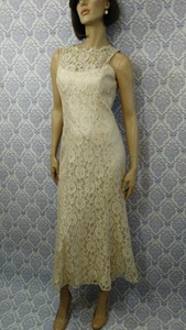Vintage 90s Niki Livas Dress US 6 Sleeveless Beige Lace Maxi Open Back Party - Picture 1 of 12