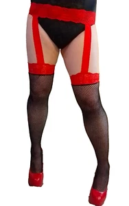 RED BLACK FISHNET SUSPENDER TIGHTS CONTRAST STOCKINGS OPEN CROTCH LACE XL NYLONS - Picture 1 of 8