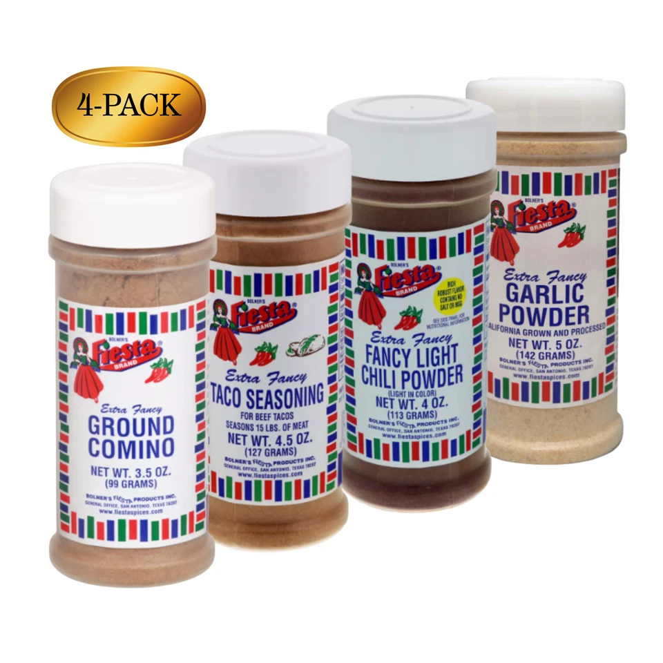 Fiesta Tex-Mex Essentials Paquete de 4 | Juego de condimentos para tacos, chile, comino y ajo Foto 1 de 1